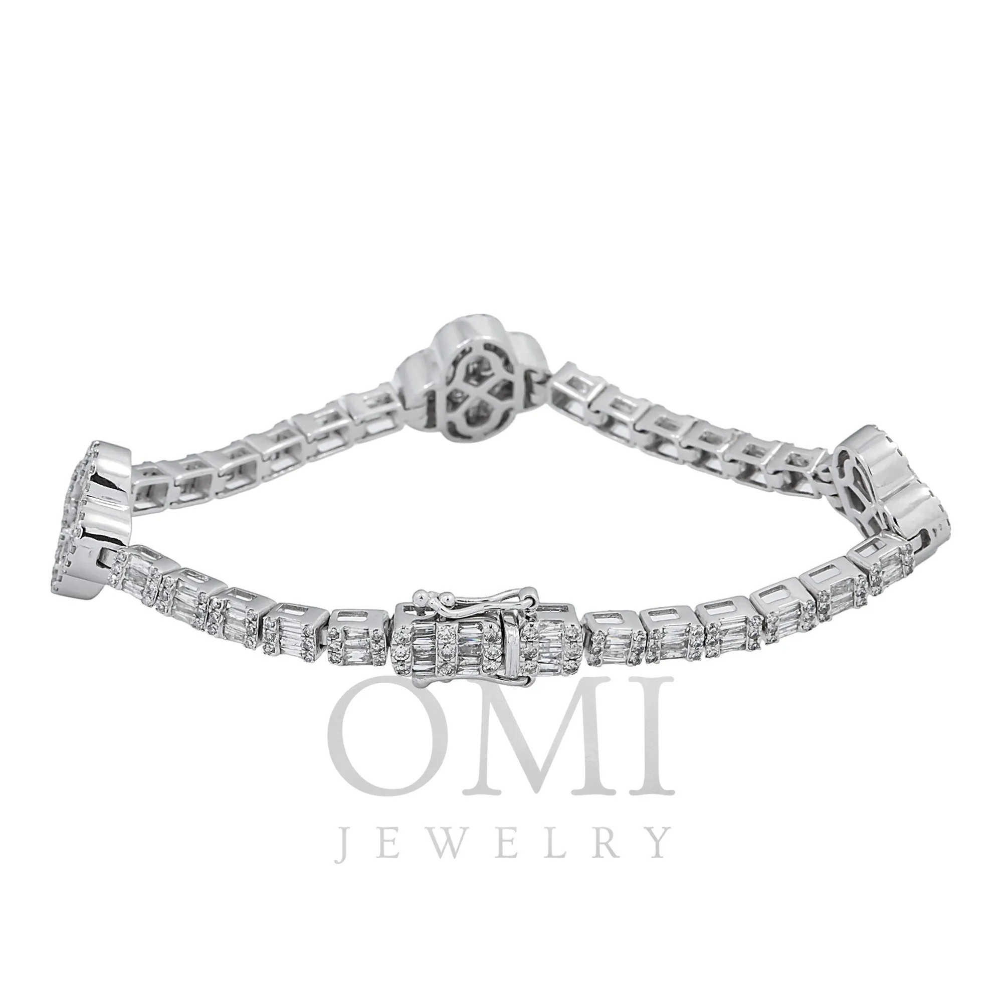 10K GOLD ROUND AND BAGUETTE DIAMOND CLOVER TENNIS BRACELET 4.50 CT