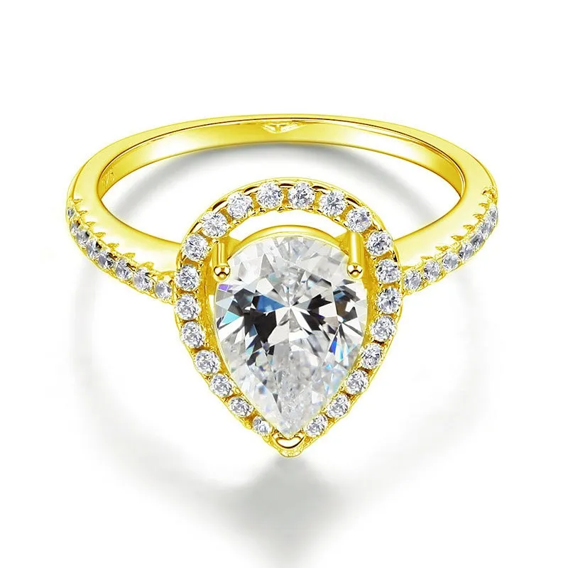 2 Ct Pear Cut Ring Sterling 925 Silver Yellow Gold Plated Wedding Promise Anniversary Engagement Jewelry XFR8329
