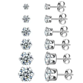6 Pairs Round Solitaire Stud Earrings Set Women Jewelry Cubic Zirconia Stainless Steel