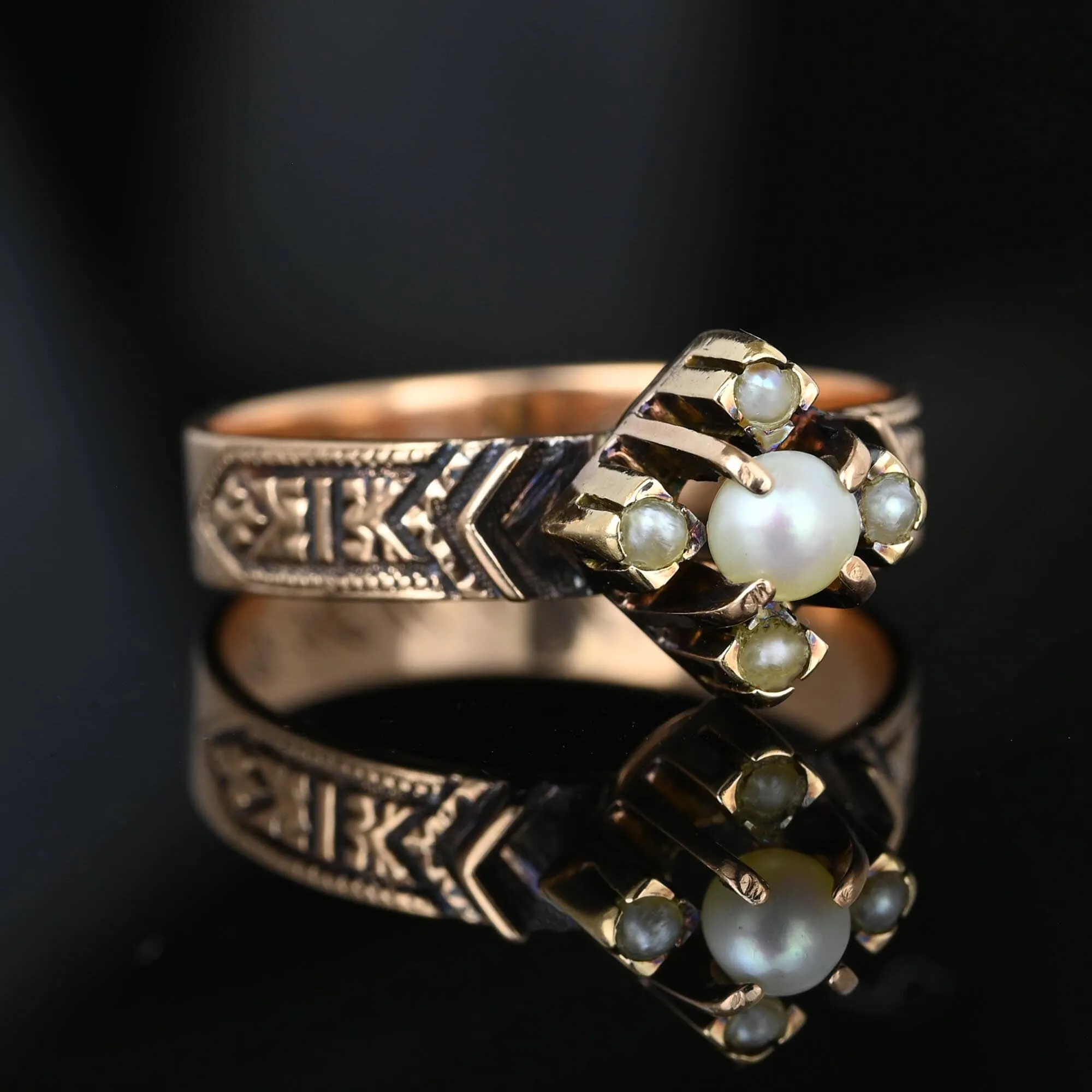 Antique Engraved 14K Rose Gold Band Pearl Ring
