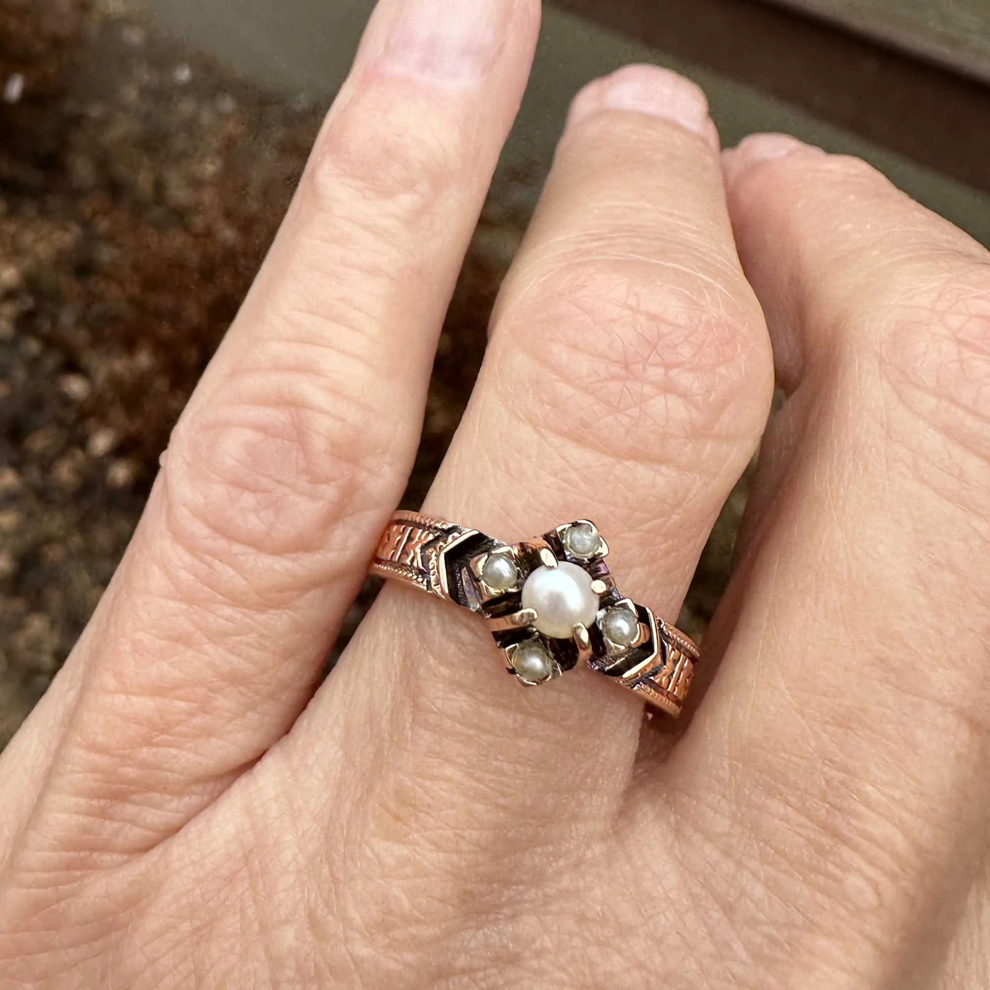 Antique Engraved 14K Rose Gold Band Pearl Ring