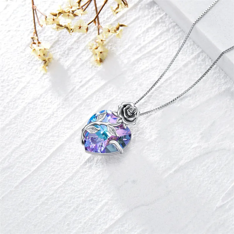 Birthstone Necklace  925 Sterling Silver Rose Flower Heart Pendant Necklace Jewelry Gifts for Women Mom Wife Girls Her Mothers Day Gifts