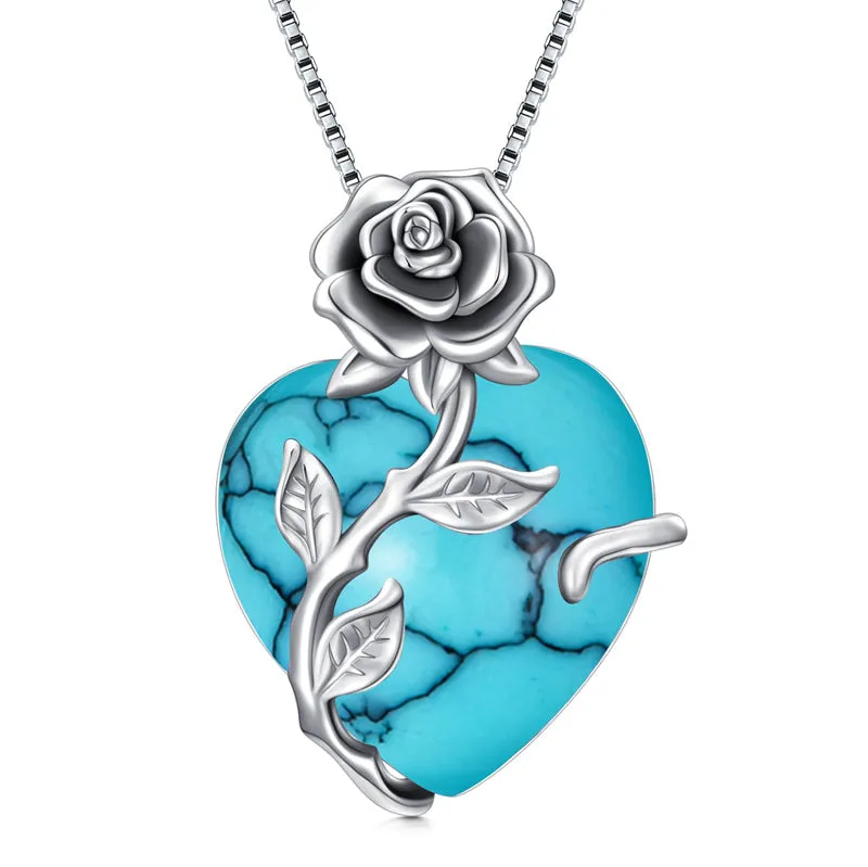 Birthstone Necklace  925 Sterling Silver Rose Flower Heart Pendant Necklace Jewelry Gifts for Women Mom Wife Girls Her Mothers Day Gifts