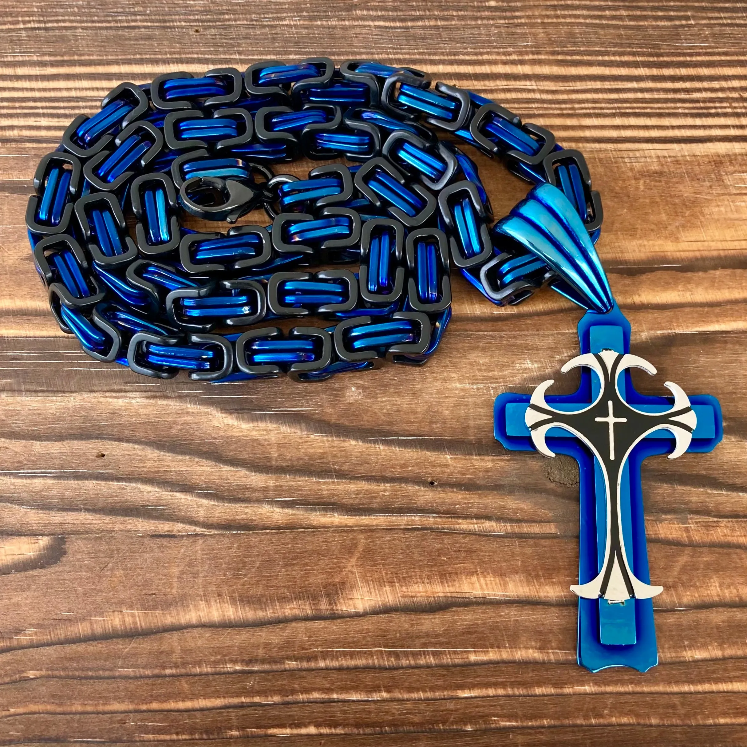 Cross - Risen Cross Blue & Silver Pendant - Necklace - PEN824