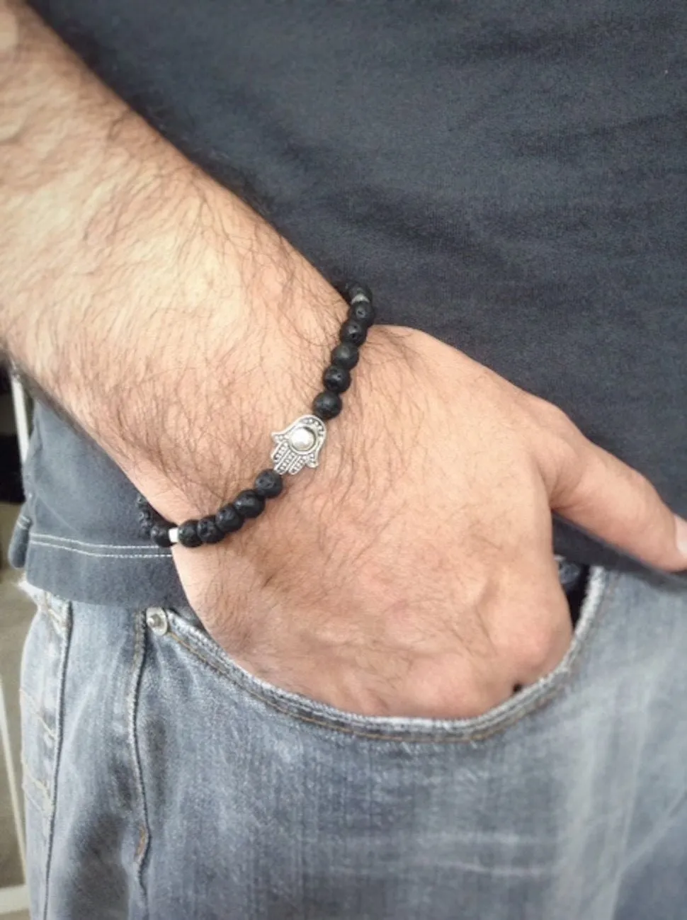 Hamsa men bracelet, men black bead bracelet, Hamsa Bracelet Black lava stone, lucky jewelry, mens jewelry, Black Lava Rock Bracelet, for him