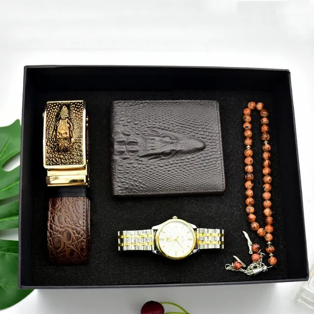 Men Stainless Steel Quartz Watch, Belt, Folding Wallet, and Rosary or Pen Gift Set