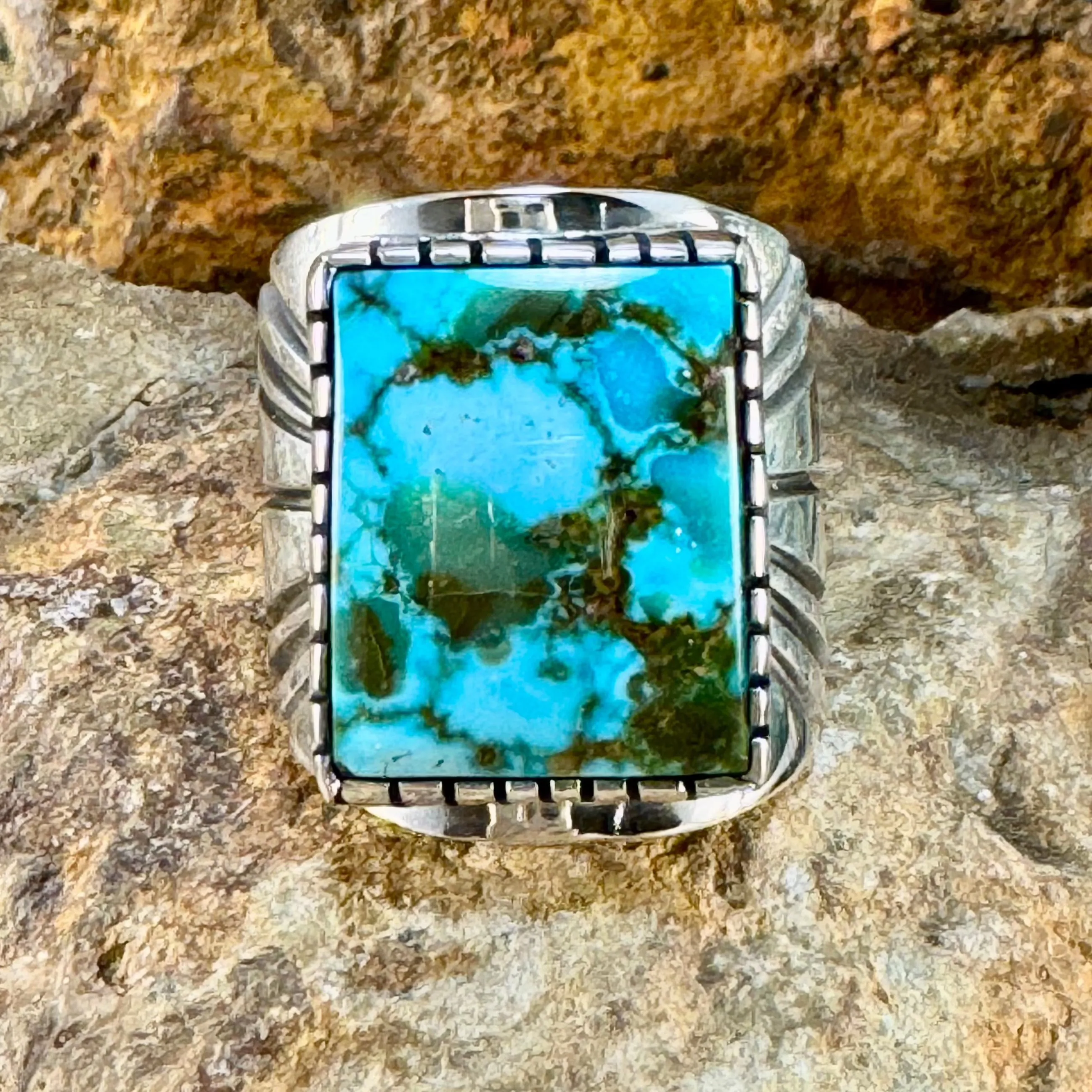 Men's Turquoise Mountain Sterling Silver Ring by Leonard Nez Size 11.5