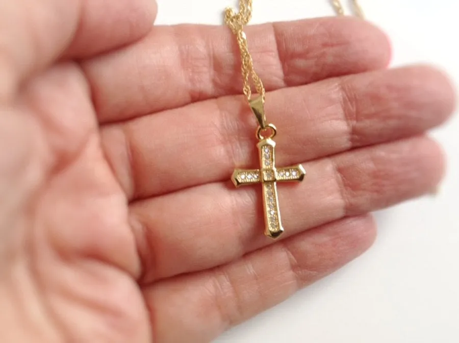 Rhinestone Cross Necklace Gold Plated Chain Gold Crucifix Pendant Cross jewelry christian jewelry christian Catholic Gifts, Jesus Necklace