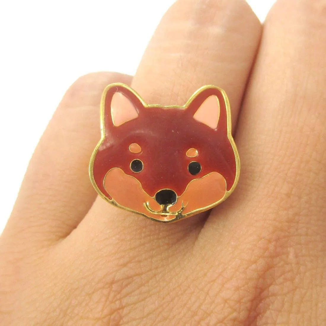 Shiba Inu Puppy Face Shaped Adjustable Animal Ring in Brown | Limited Edition Jewelry