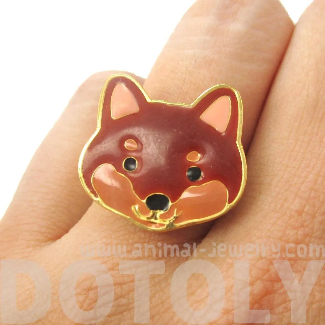 Shiba Inu Puppy Face Shaped Adjustable Animal Ring in Brown | Limited Edition Jewelry