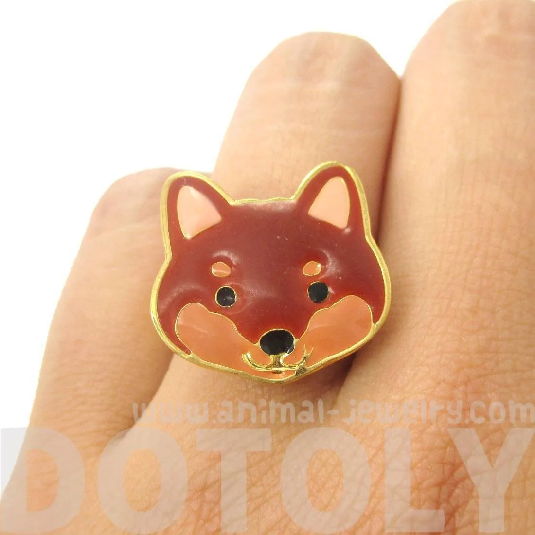 Shiba Inu Puppy Face Shaped Adjustable Animal Ring in Brown | Limited Edition Jewelry