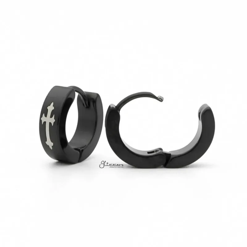 Stainless Steel Cross Hinged Hoop Earrings - Black