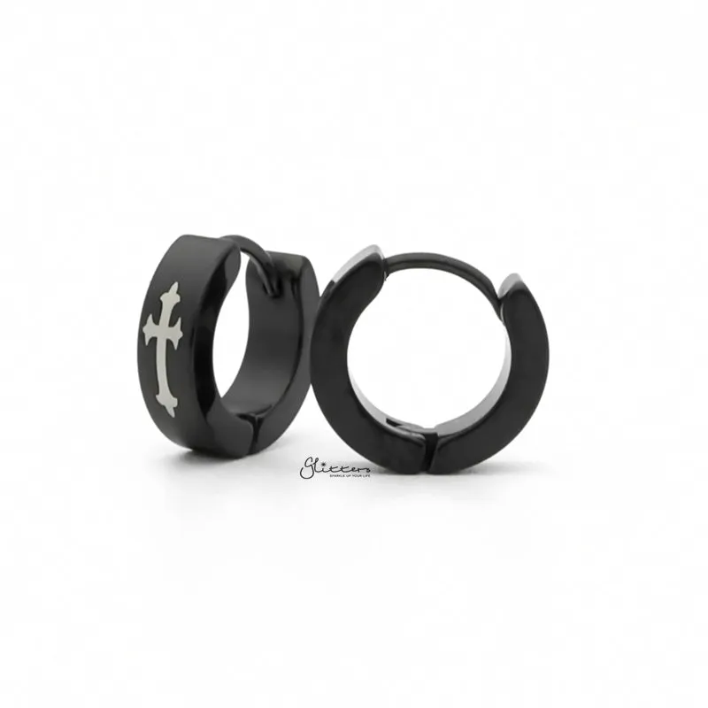 Stainless Steel Cross Hinged Hoop Earrings - Black