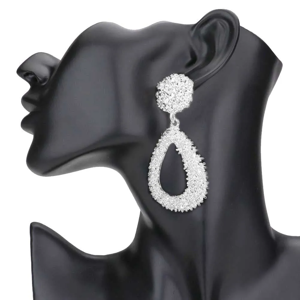 Textured Open Metal Teardrop Dangle Earrings