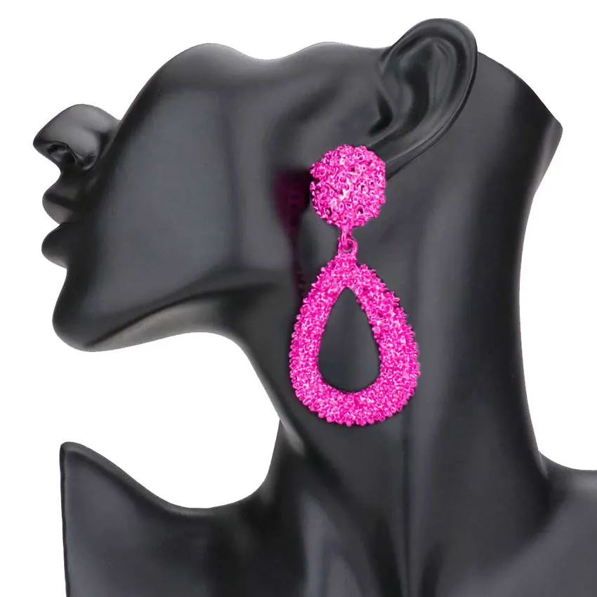 Textured Open Metal Teardrop Dangle Earrings