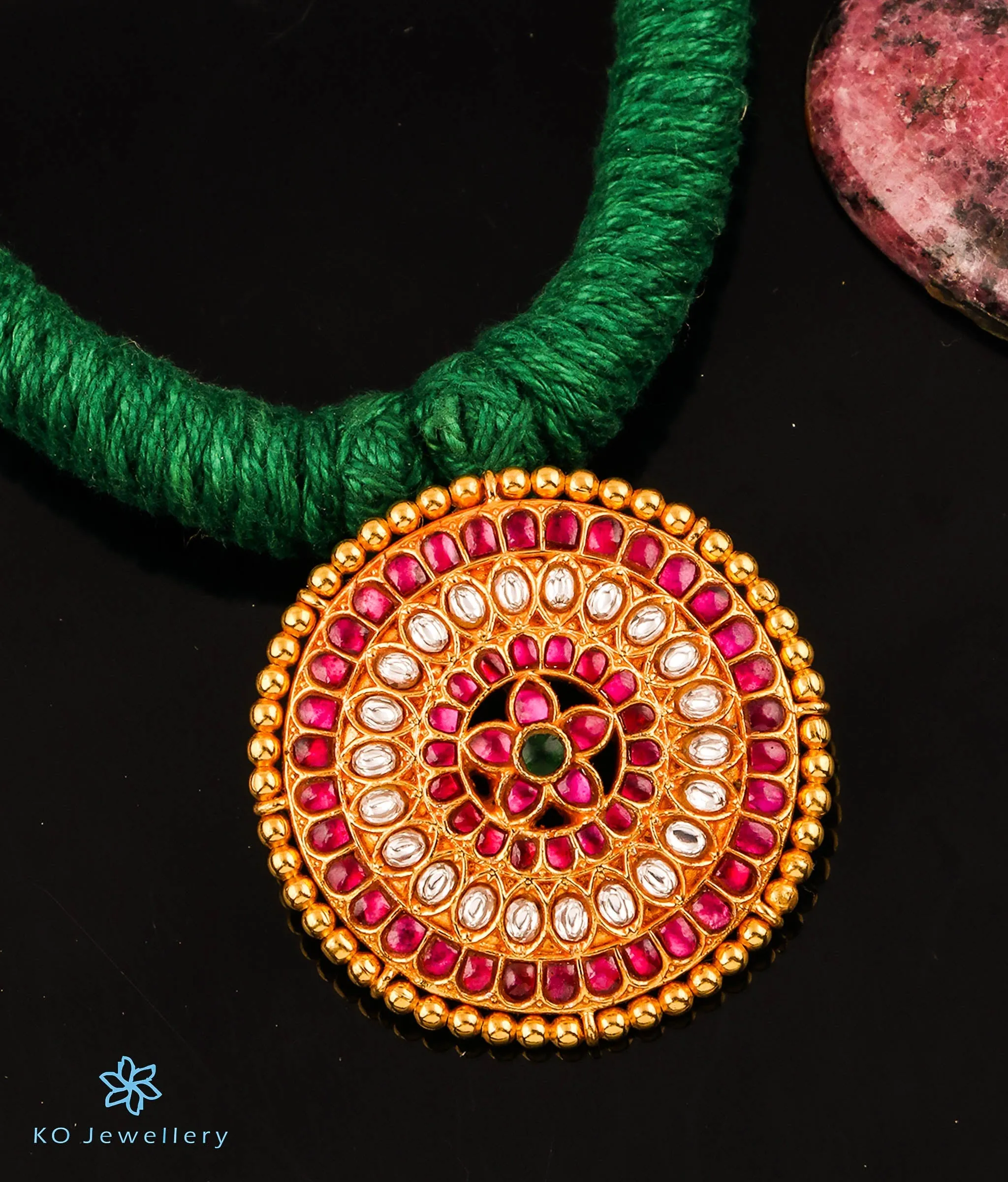 The Simran Silver Jadau Thread Necklace (Green)