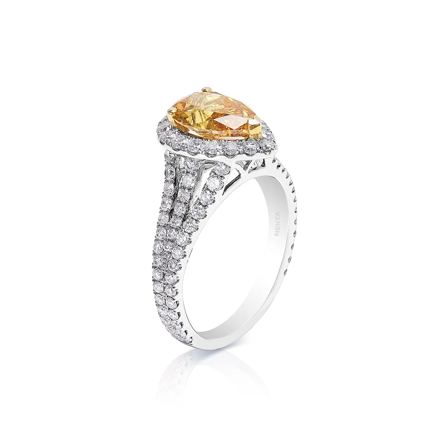 Valerie 3 Carat Fancy Vivid Yellow Orange Pear Shape Diamond Engagement Ring in 18k White Gold