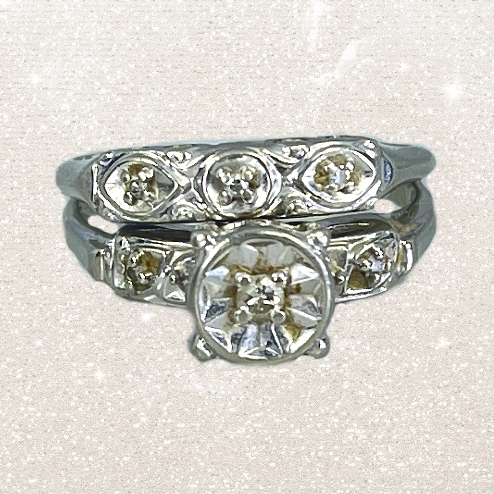 Vintage Diamond Engagement Ring and Wedding Band Bridal Set in 14K White Gold. Affordable Estate Jewelry.