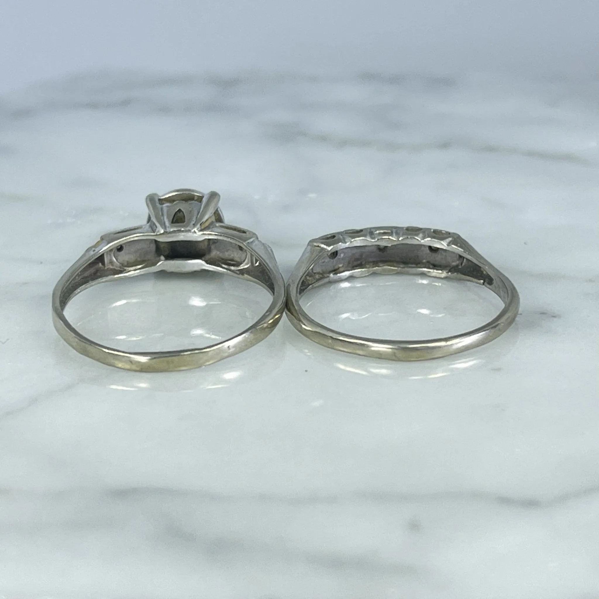 Vintage Diamond Engagement Ring and Wedding Band Bridal Set in 14K White Gold. Affordable Estate Jewelry.