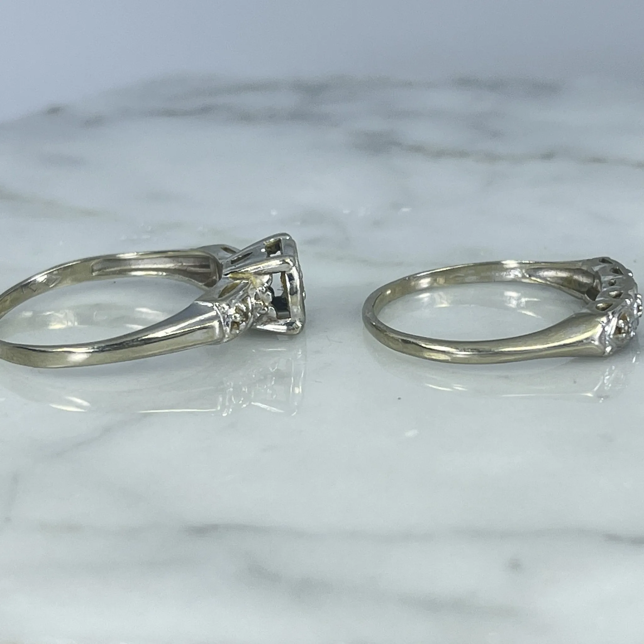 Vintage Diamond Engagement Ring and Wedding Band Bridal Set in 14K White Gold. Affordable Estate Jewelry.