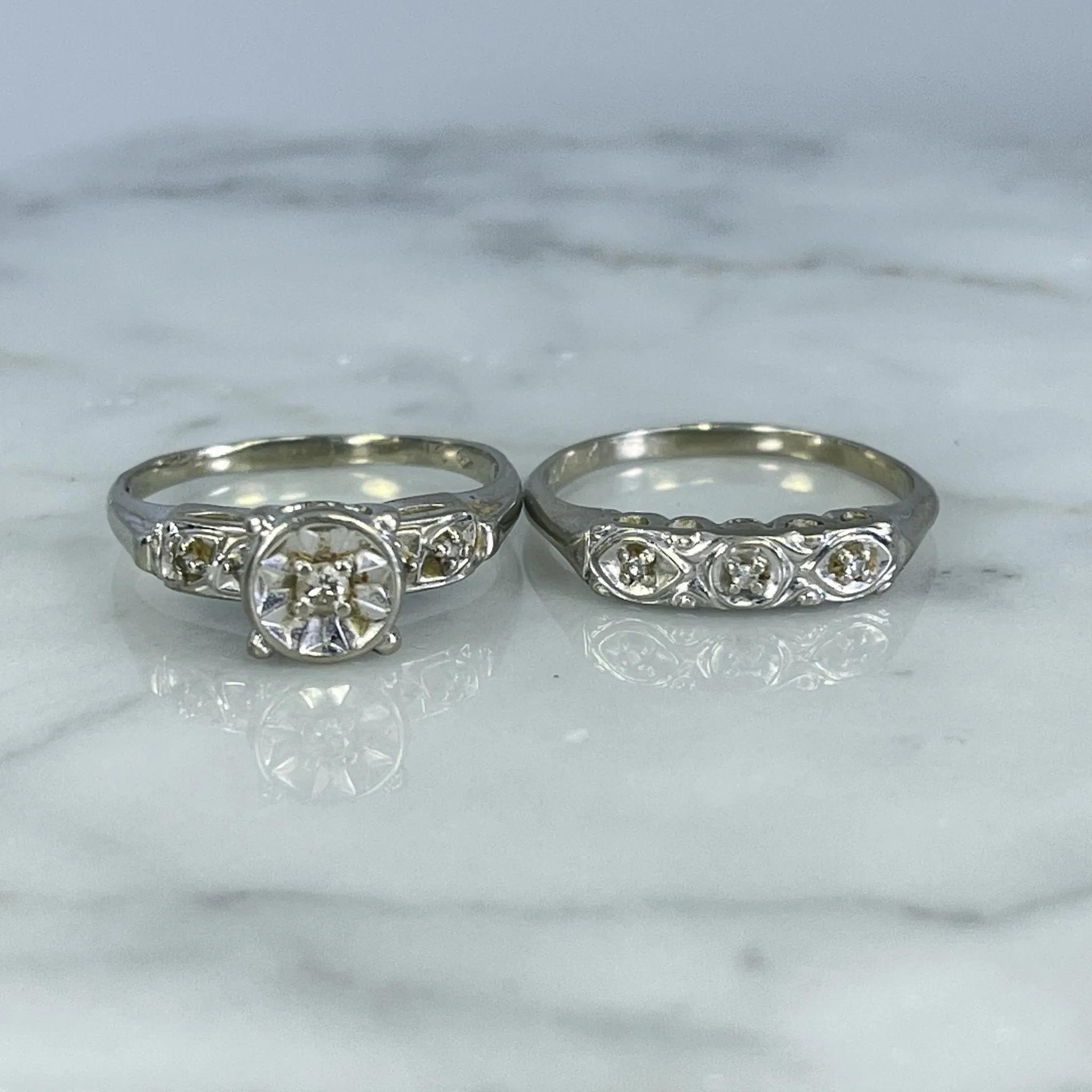 Vintage Diamond Engagement Ring and Wedding Band Bridal Set in 14K White Gold. Affordable Estate Jewelry.